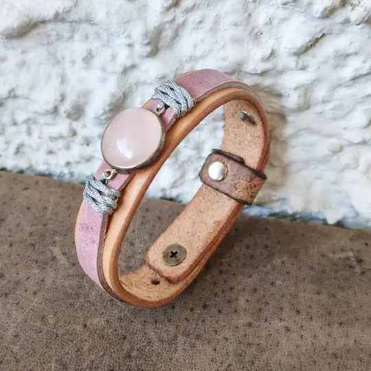 OOAK Rose Quartz Leather Bracelet | Lavender Leather & Sterling Silver 925