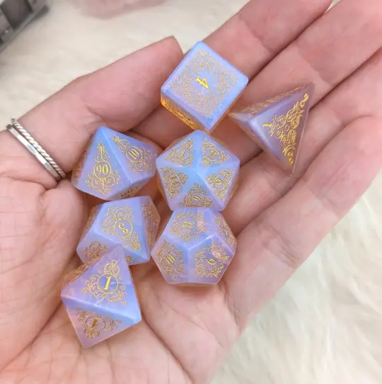 Garden Gate Glowing Pink Opalite Dice Set – Engraved Gemstone DnD Dice | Fennek & Finch