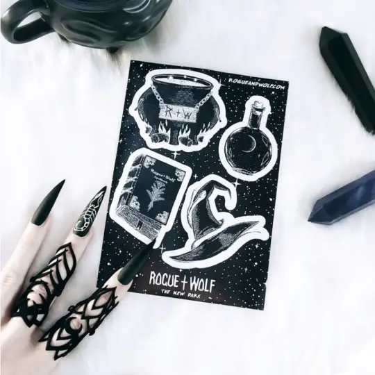 Dark Witchy Sticker Sheet with Spellbook, Cauldron, Potion & Witch Hat