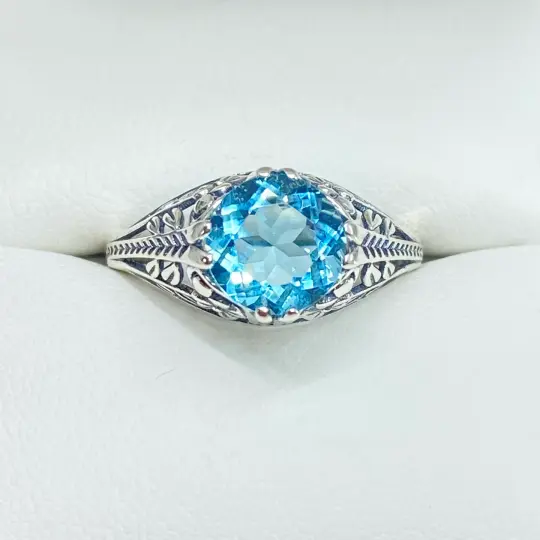 Aquamarine Ring, Size 9.5, Simulated Gemstone, Deco 2Fleur, Victorian Revival Jewelry #D159 - Ready to Ship