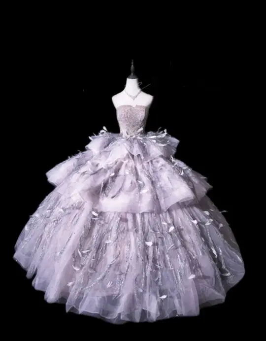 Silver-gray strapless, fitted waist, full skirt, long ball gown R8676