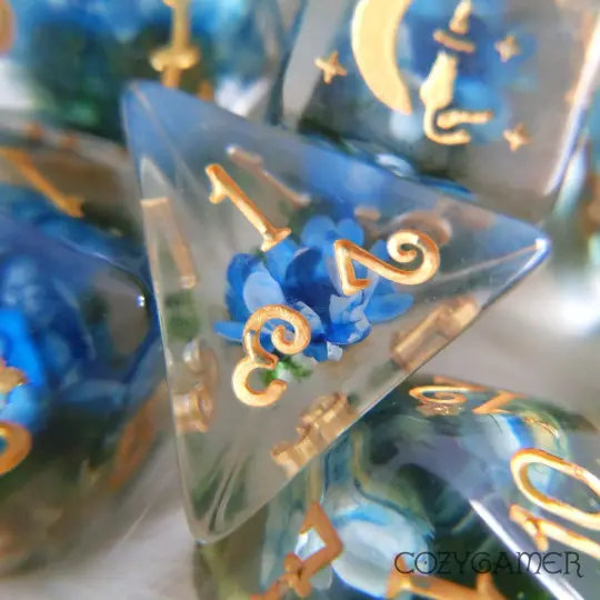 Blue Flower and Moss Dice Set. 8 Piece Dried Floral Dice Set