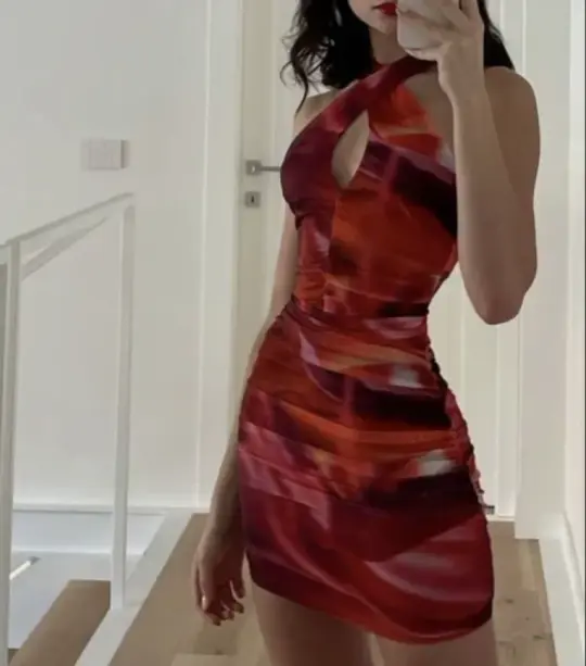 Red tie-dye cross-neck design waist pleated slim fit hip skirt homecoming dress R3174