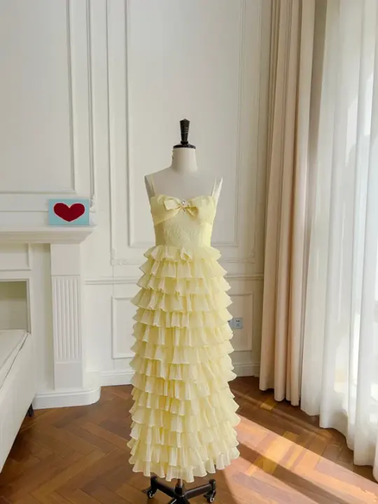 Light yellow suspender waist elegant cupcake maxi dress for homecoming R5098