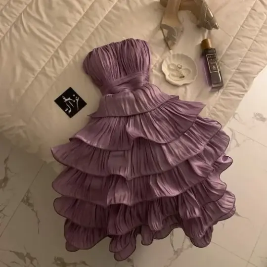 Elegant Purple Ruffled A-line Strapless Pressed Pleats Corset Mini Prom Dress Homecoming Dress RS561