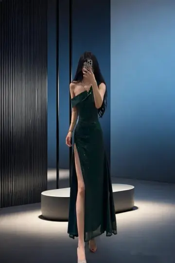 Dark green off-shoulder fitted waist bodycon long elegant ball gown R8037