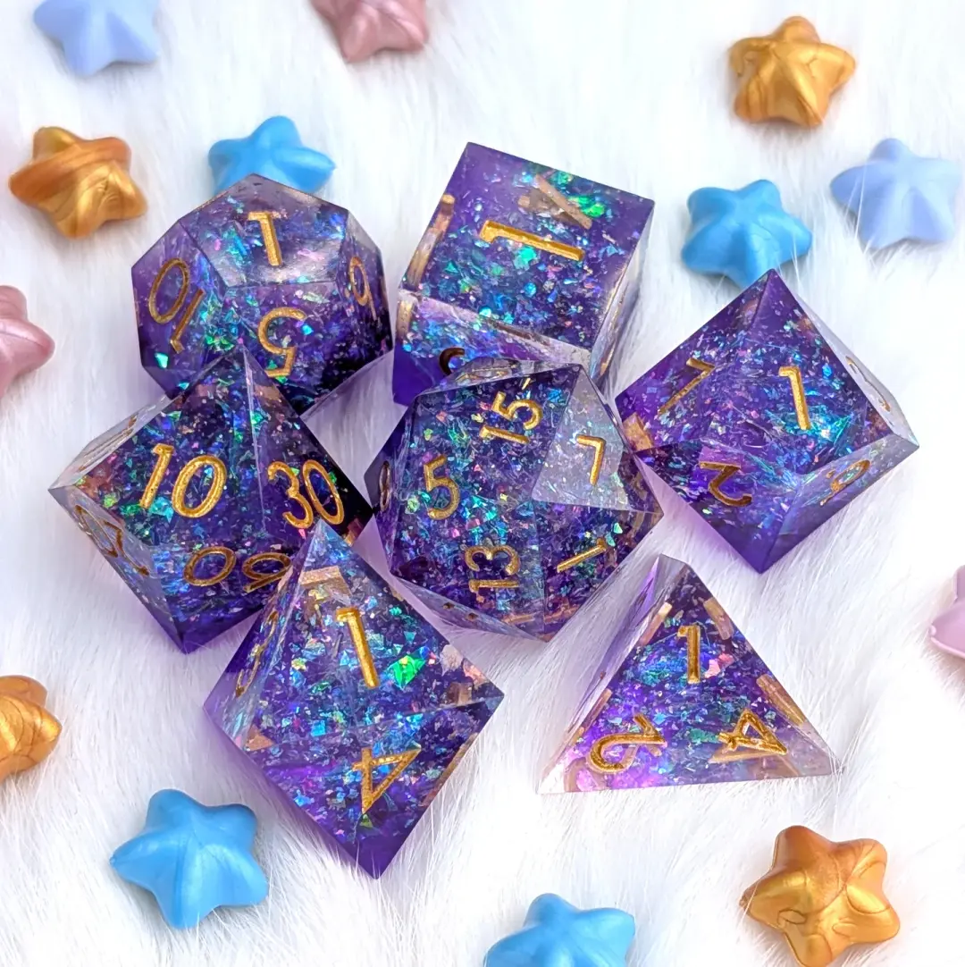 Crackling Purple Magic Sharp Edge DND Dice Set