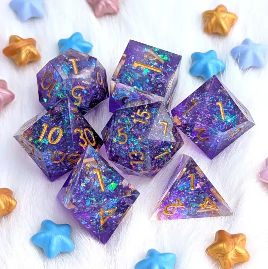 Crackling Purple Magic Sharp Edge DND Dice Set