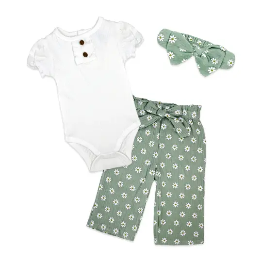 Baby Mode Baby Girls 3 Piece Breezy Daisy Bodysuit, Pants and Headband Set, Green, 24M