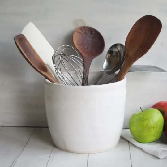 Extra Large Utensil Holder, Matte White Kitchen Crock Organizer, Made in USA