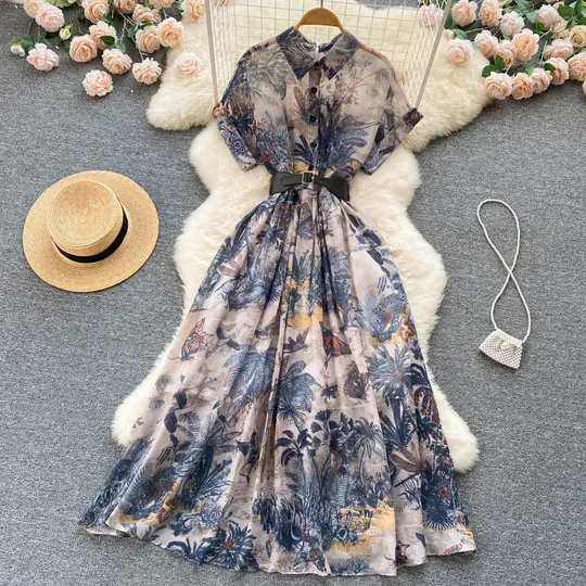 Palace style French elegant printed dress new style waist slimming gentle style long skirt R2226