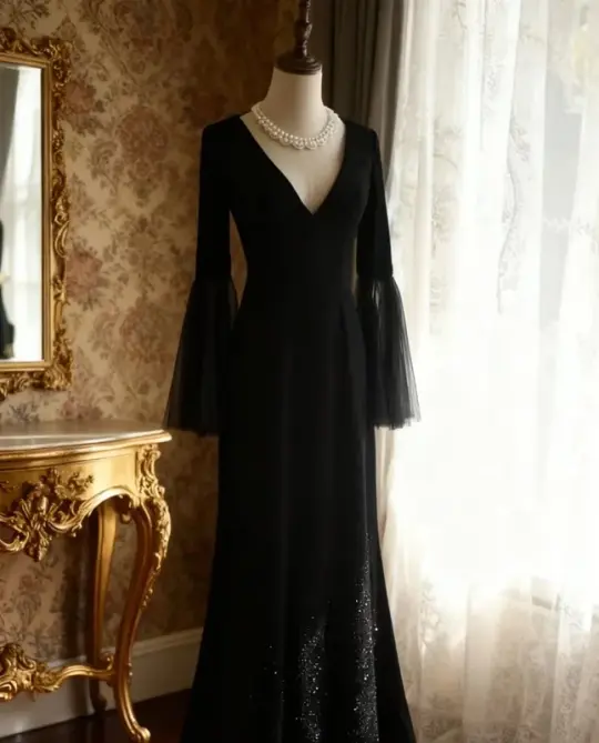 Black V-neck long-sleeved elegant slim-fitting long ball gown R6712