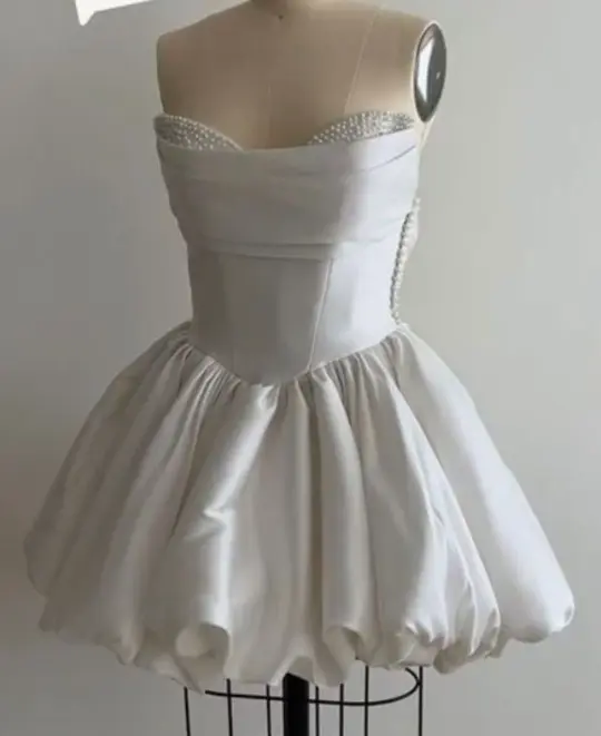 White satin tube top waist sexy puffy skirt short skirt homecoming dress R4091