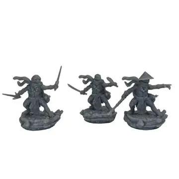 Unpainted 32mm 3D-printed turtle humanoid monks in three fighting poses — tabletop RPG miniatures for D&D, Pathfinder & wargaming