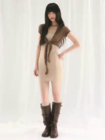 Beige Knit Mini Dress with Brown Tie-Front Shrug Cardigan, 2-Piece Outfit with Ribbed Texture and Fitted Silhouette R9256