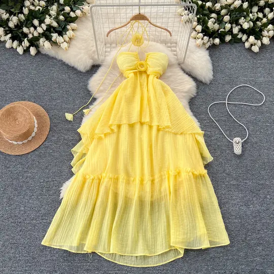 Holiday dress hollow chest-revealing halter neck suspender three-dimensional flower long dress R2336