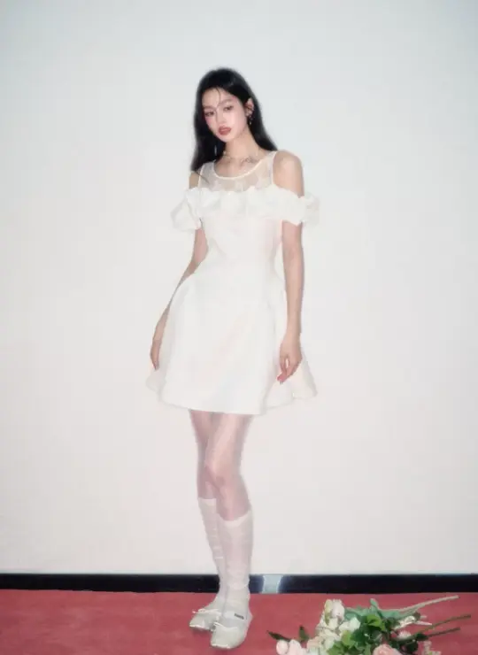 Women French Romantic Style Dress With Sheer Lace Top And Satin Flared Skirt R9415