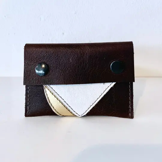 Dark Brown, White & Gold Leather Card Case/ Business Card Holder