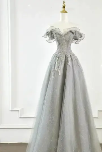 Elegant Sliver Prom Gown , Glitter Tulle Sequins Corset Maxi Evening Dress RS1426