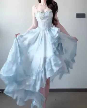 Elegant Pale Blue A-Line Spaghetti Straps Asymmetrical Hem Maxi Prom Dress RS639