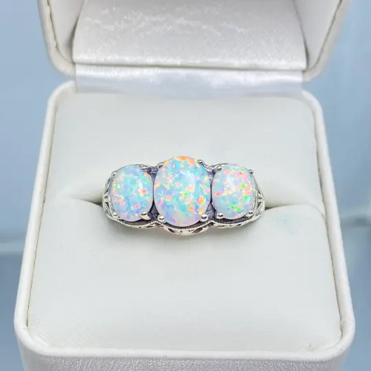 Opal Ring, Size 7, Trinity Gem Silver Art Deco Jewelry #D36 - Ready to Ship