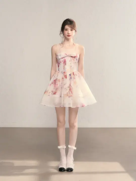 Pink floral sleeveless slim waist A-line short skirt homecoming dress R5408