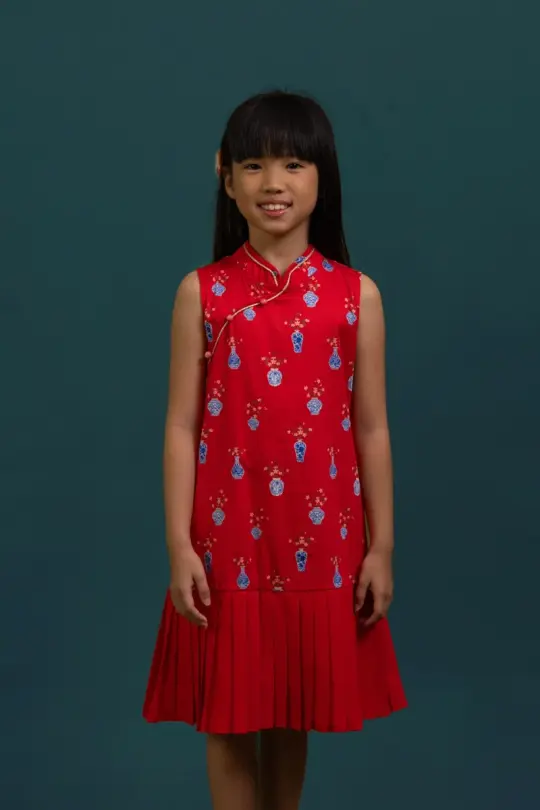 Drop Waist Cheongsam - Red Vases