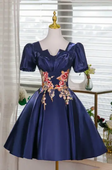 Elegant Navy A-line Square Embroidery Satin Corset Mini Prom Dress Homecoming Dress RS506