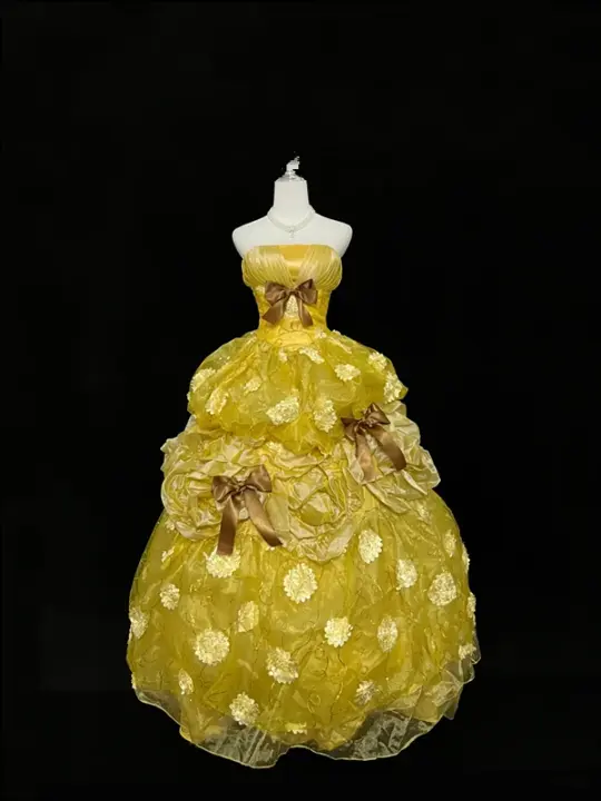 Gold strapless, fitted waist, full skirt, long ball gown R9058