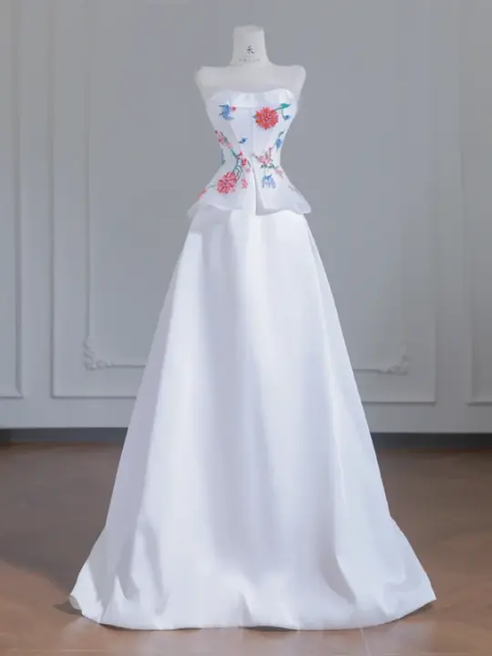 White strapless beaded floral dress with a fitted waist, A-line silhouette, and long ball gown R8243