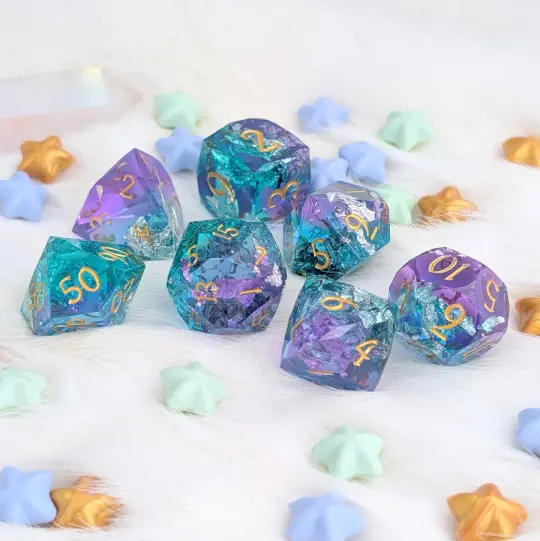 Diamond Cut DnD Dice Set - Cyan & Purple Resin - Spellglass