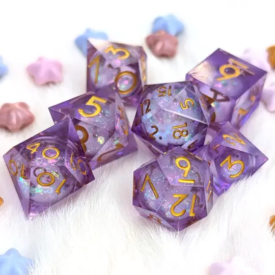 Purple Liquid Core Sharp Edge DnD Dice Set