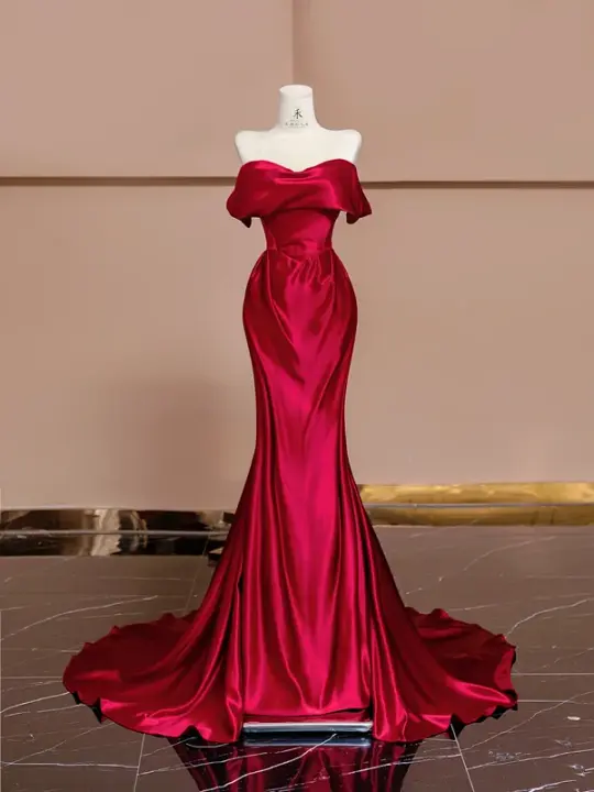 Red off-the-shoulder fitted long ball gown/bridal dress R8361