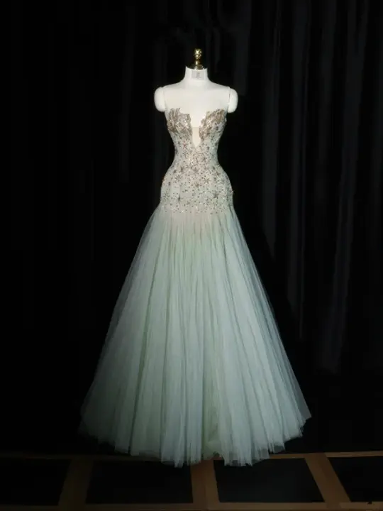 Light green strapless fitted long ball gown R8930
