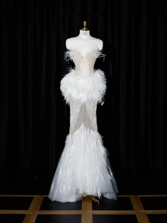 Light apricot strapless fitted waist sexy long ball gown, bridal dress R8947