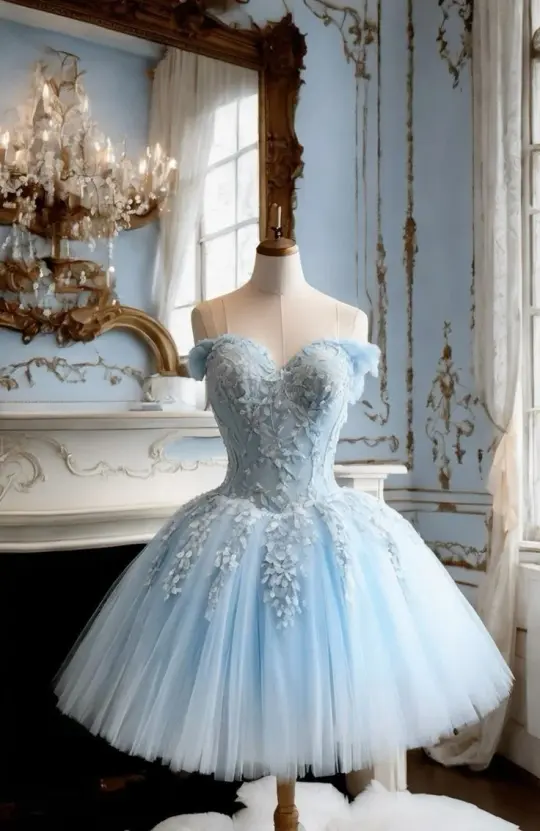 Ballet Style Pale Blue A-Line Strapless Applique Tulle Skirt Bodycon Mini Dress Homecoming Dress RS170