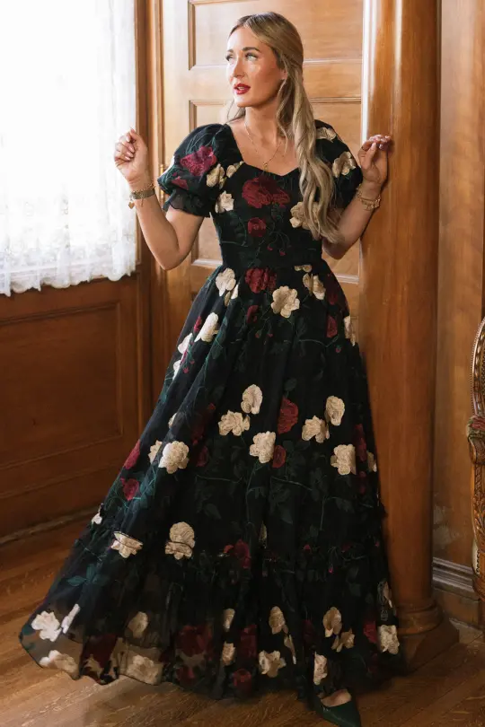 Amora Dress in Obsidian Rose Embroidery