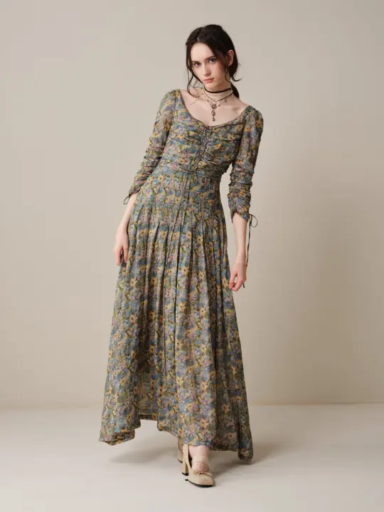 Emma 11 | Lace-Up Ruched Linen Maxi Dress