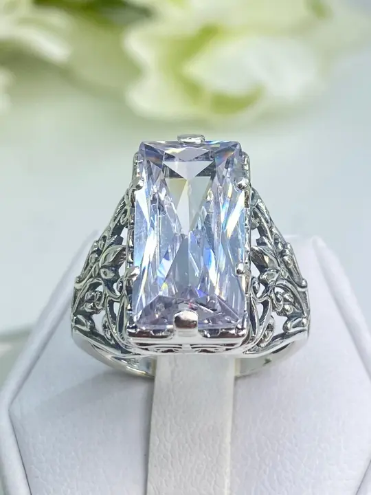 White CZ Ring, Size 10, Baguette Gem, Floral Leaf Filigree, Victorian Jewelry, D32 - Ready to Ship