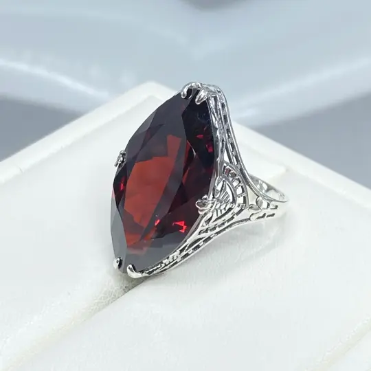 Red Garnet CZ Ring, Size 6, Marquise Cut Gemstone, Victorian Filigree Jewelry #D75 - Ready to Ship