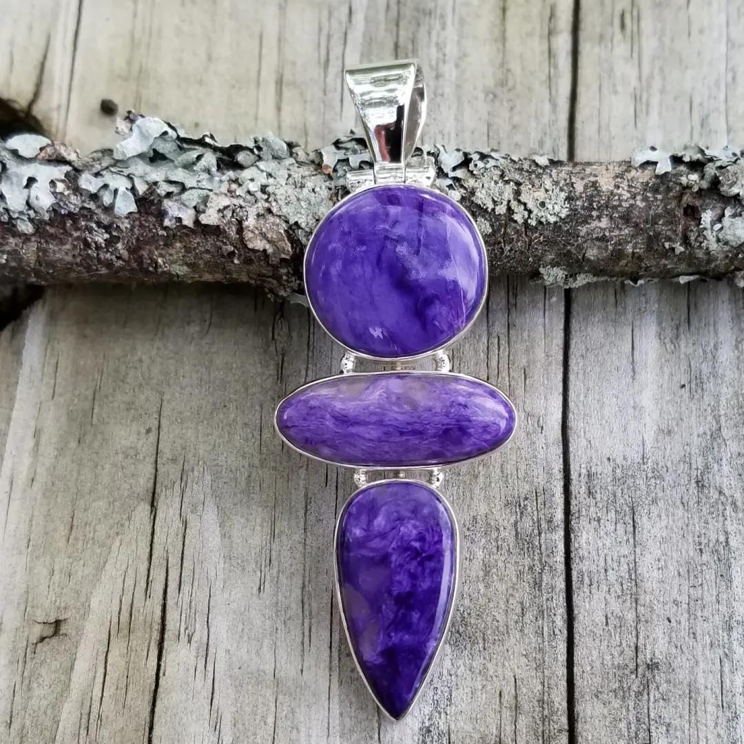 Charoite 3 Stone Pendant in Sterling Silver