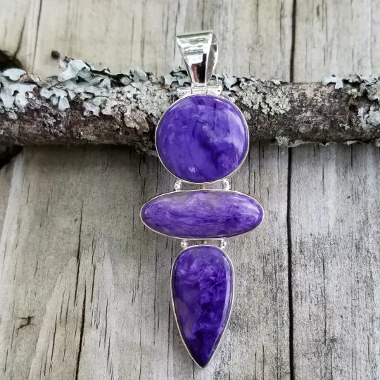 Charoite 3 Stone Pendant in Sterling Silver