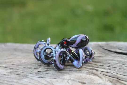 Handmade Black And Purple Glass Octopus Figurine With White Suction Cups