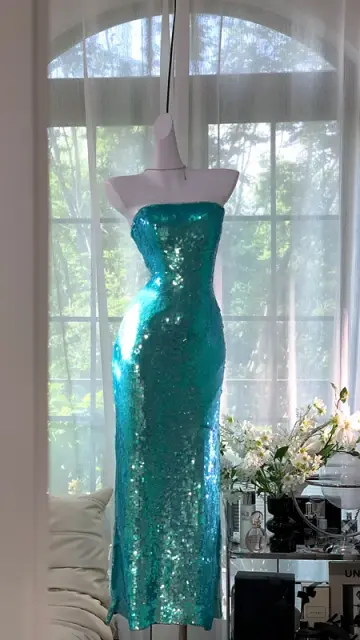 Lake blue strapless, fitted waist, sequined, bodycon long ball gown R7617