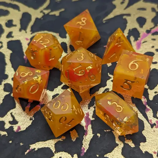 Flame Cast Dice Set – 8-Piece Fire Orange Yellow Red DnD Polyhedral Sharp Dice | Fennek & Finch