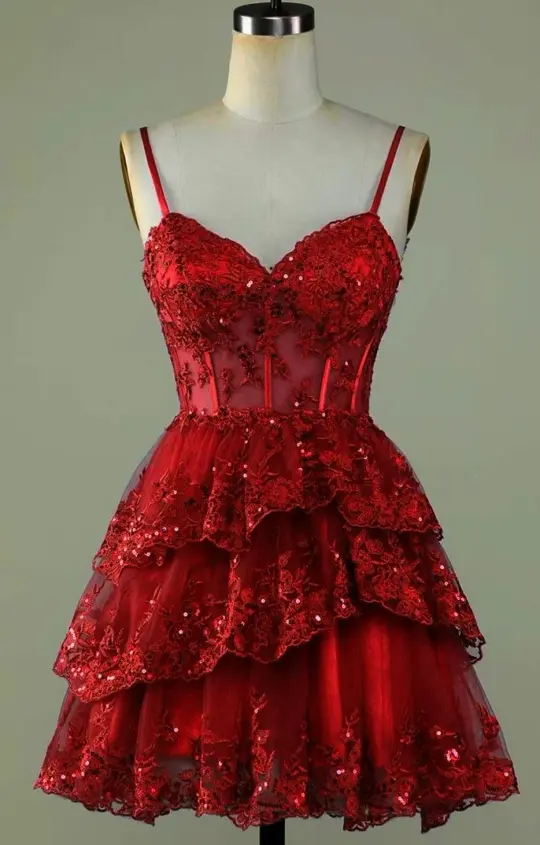 French Chic Red A-Line Spaghetti Straps Lace Embroidery Tiered Bodycon Mini Dress Homecoming Dress RS172