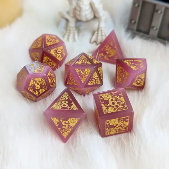 Rose Cat’s Eye Rose Vine Glass Dice Set