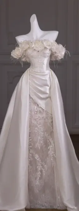 White one-shoulder flower waist slim sexy satin long dress bridal gown R5763