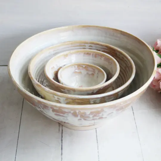 Rustic Nesting Bowls In Rustic White and Ocher Glaze, Made in USA