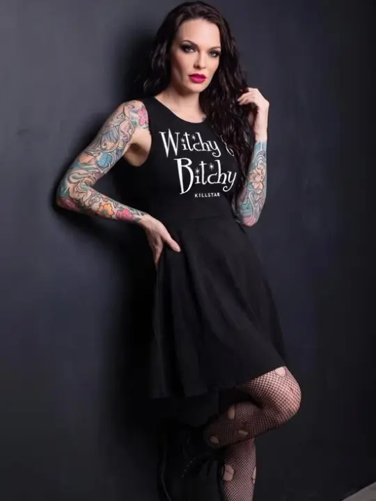 Killstar Witchy Bitchy Skater Dress Black Button Back Jersey Graphic Medium
